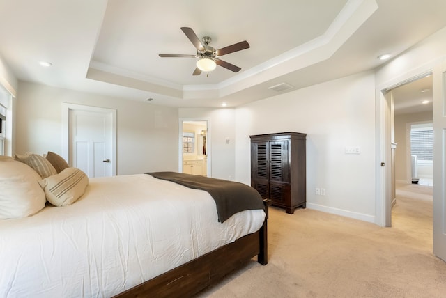 bedroom with light carpet, visible vents, baseboards, a raised ceiling, and recessed lighting