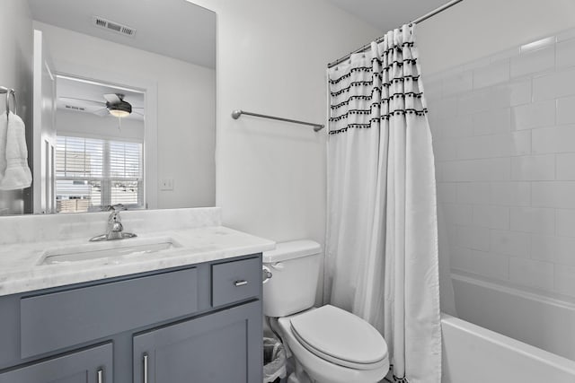 full bath featuring toilet, a ceiling fan, vanity, visible vents, and shower / bathtub combination with curtain