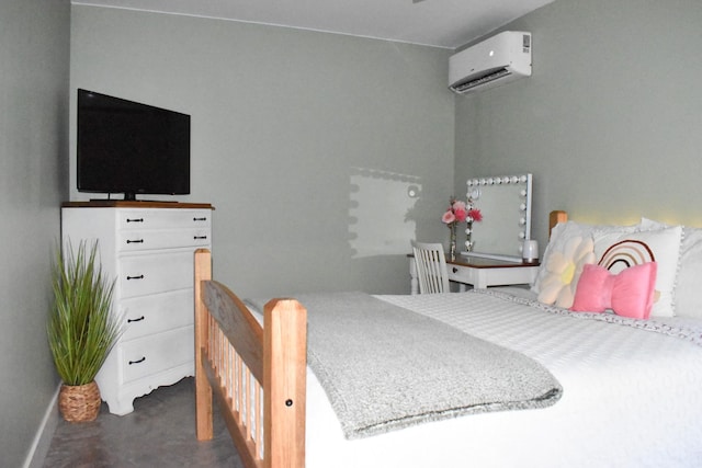 bedroom with baseboards, an AC wall unit, and carpet flooring