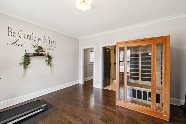 interior space with ornamental molding, dark wood-type flooring, and baseboards