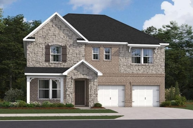 view of front facade featuring concrete driveway, brick siding, and an attached garage