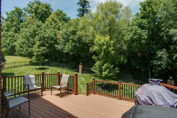 wooden deck featuring a fenced backyard and a lawn