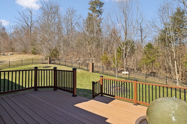 wooden terrace with a fenced backyard and a yard