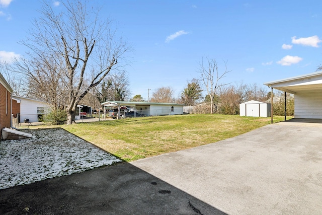 view of yard featuring a carport, an outbuilding, driveway, and a storage unit