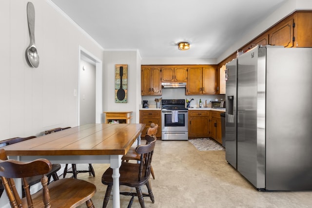 kitchen featuring appliances with stainless steel finishes, brown cabinets, light countertops, crown molding, and under cabinet range hood