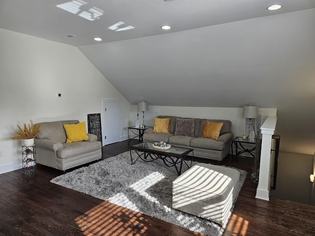 living area featuring lofted ceiling, baseboards, dark wood-type flooring, and recessed lighting