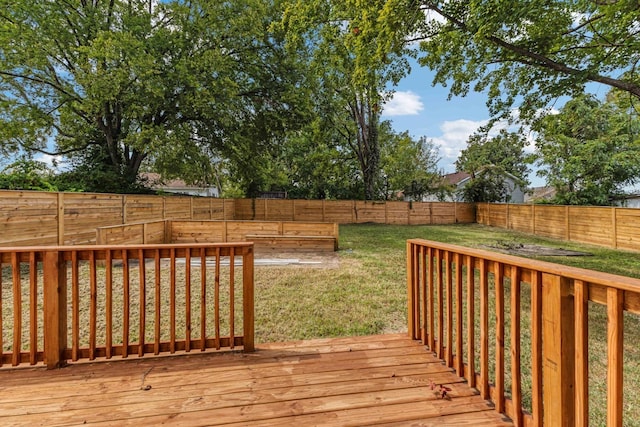 wooden terrace featuring a yard and a fenced backyard