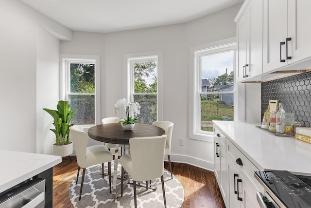 dining area with dark wood-type flooring, plenty of natural light, and baseboards