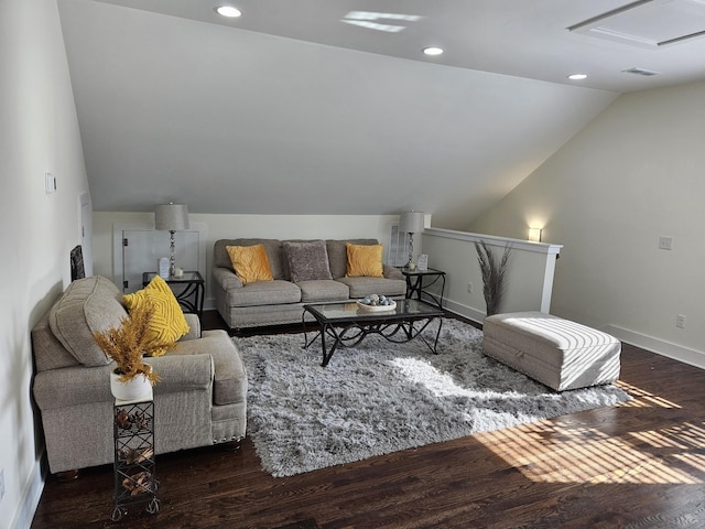 living area with dark wood-type flooring, lofted ceiling, baseboards, and recessed lighting