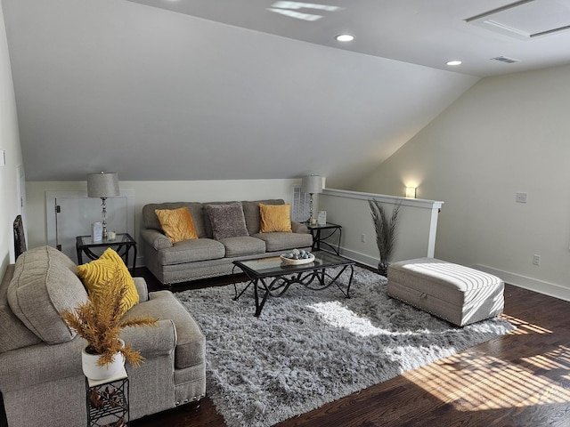 living room featuring recessed lighting, visible vents, baseboards, vaulted ceiling, and dark wood-style floors