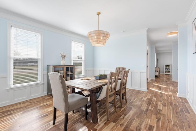 dining room featuring a decorative wall, wainscoting, wood finished floors, and crown molding