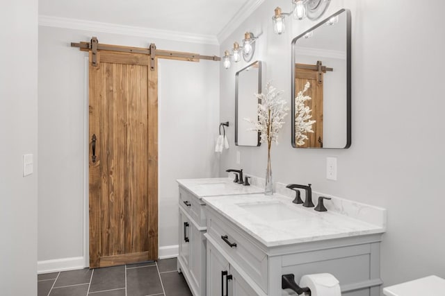 bathroom with double vanity, tile patterned flooring, ornamental molding, and a sink