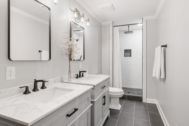 full bathroom featuring baseboards, tile patterned floors, crown molding, vanity, and a shower stall