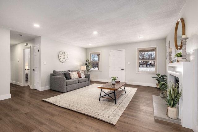 living room featuring a wealth of natural light, a fireplace, dark wood finished floors, and baseboards