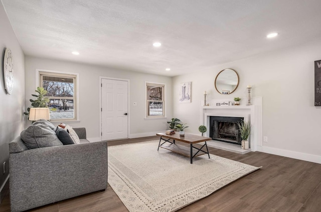 living area with baseboards, a fireplace with raised hearth, wood finished floors, and recessed lighting