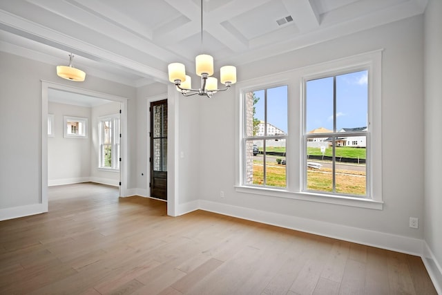 unfurnished dining area with coffered ceiling, wood finished floors, visible vents, baseboards, and beam ceiling