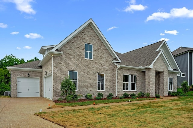 view of front facade with central AC unit, an attached garage, brick siding, concrete driveway, and a front lawn