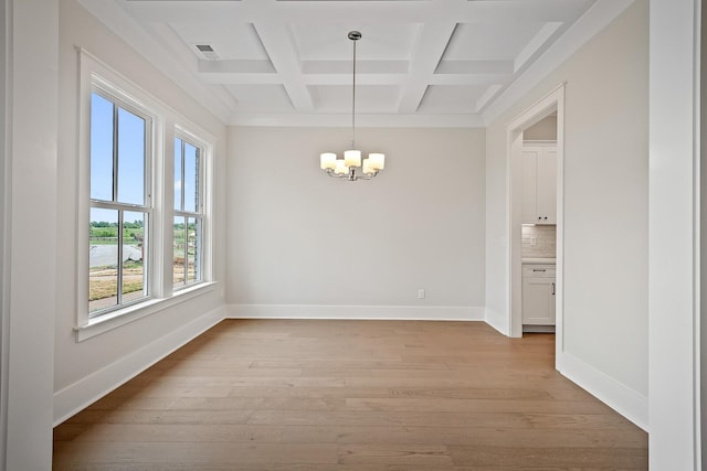 unfurnished dining area featuring coffered ceiling, baseboards, and light wood finished floors