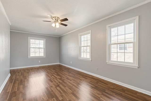 unfurnished room with baseboards, dark wood-style flooring, and ornamental molding