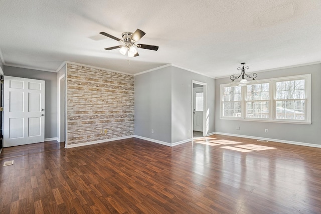 unfurnished room featuring dark wood-style flooring, crown molding, a textured ceiling, and ceiling fan with notable chandelier