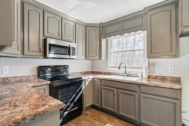 kitchen with range with two ovens, stainless steel microwave, gray cabinetry, dark wood-type flooring, and a sink