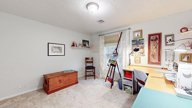 office with light colored carpet, visible vents, a textured ceiling, and baseboards