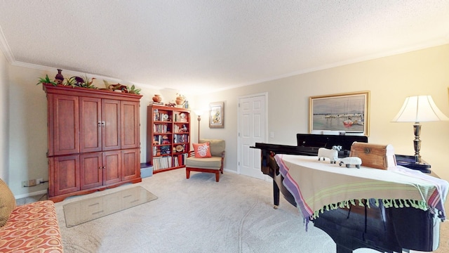 interior space with light carpet, crown molding, baseboards, and a textured ceiling