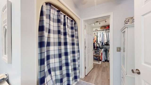 bathroom featuring a spacious closet and wood finished floors
