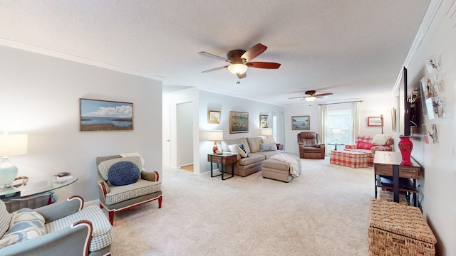 carpeted living room featuring a textured ceiling, ornamental molding, and baseboards