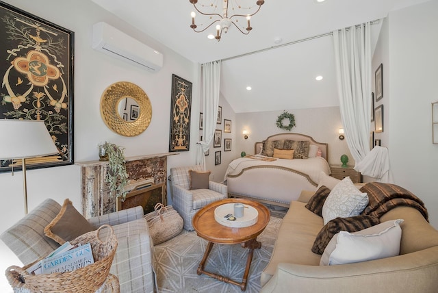 bedroom with lofted ceiling, an inviting chandelier, recessed lighting, and a wall mounted AC