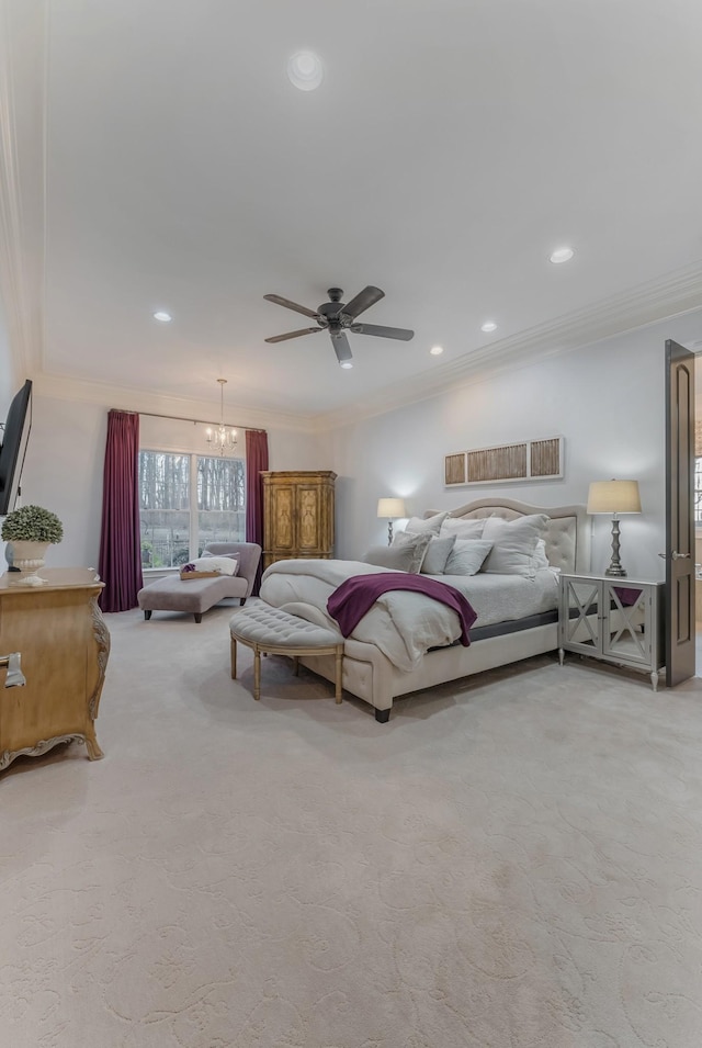 bedroom with ornamental molding, recessed lighting, light colored carpet, and ceiling fan with notable chandelier