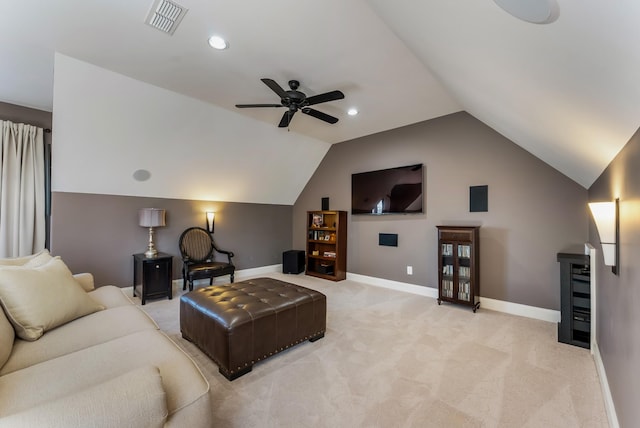 living area with baseboards, visible vents, a ceiling fan, light colored carpet, and lofted ceiling