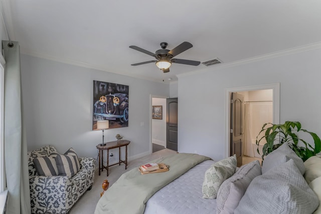 bedroom featuring light colored carpet, a ceiling fan, baseboards, visible vents, and crown molding