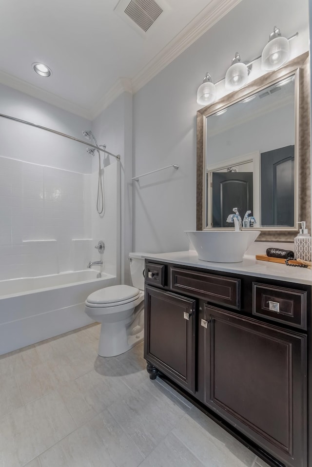 full bathroom featuring toilet, vanity, visible vents, ornamental molding, and shower / washtub combination