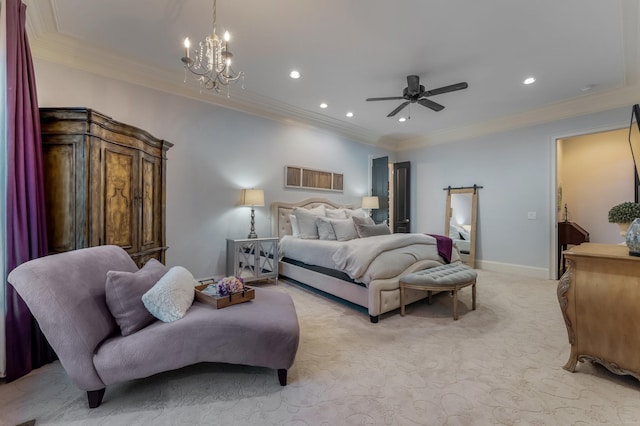 bedroom featuring baseboards, ornamental molding, and light colored carpet