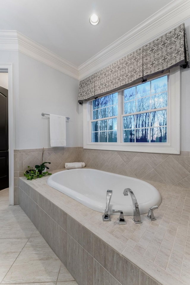 full bath with tiled tub and crown molding