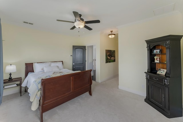 bedroom with visible vents, ornamental molding, a ceiling fan, light carpet, and baseboards