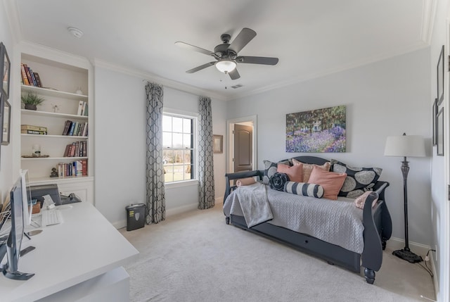 bedroom featuring light carpet, baseboards, a ceiling fan, and crown molding