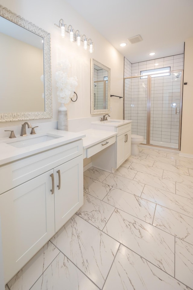 full bathroom featuring marble finish floor, a shower stall, toilet, and recessed lighting