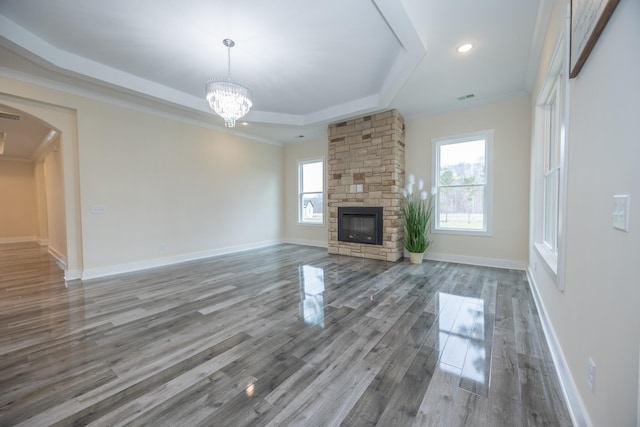 unfurnished living room with plenty of natural light, a tray ceiling, wood finished floors, and a stone fireplace