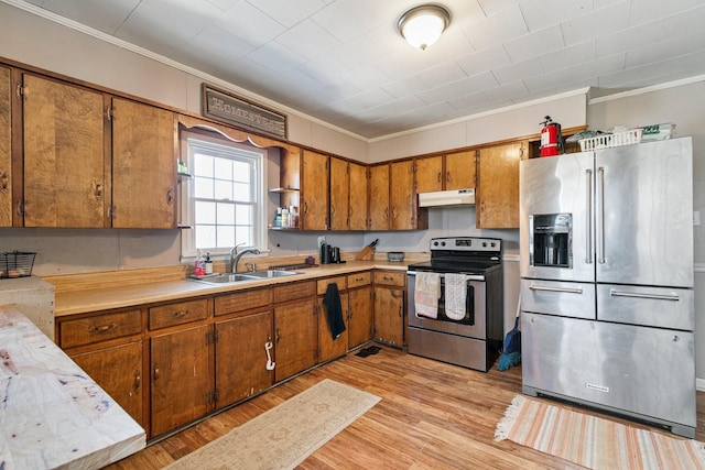 kitchen featuring stainless steel appliances, a sink, light countertops, and light wood-style floors