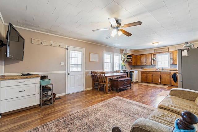 living area with a ceiling fan, baseboards, ornamental molding, and wood finished floors