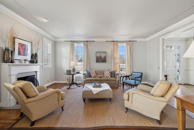 living room with crown molding, a fireplace, wood finished floors, and a healthy amount of sunlight