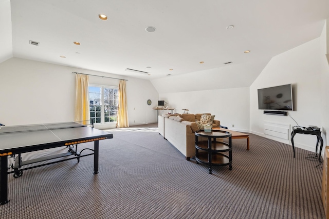 playroom with carpet floors, lofted ceiling, baseboards, and recessed lighting