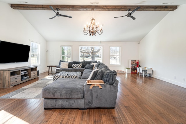 living room featuring dark wood finished floors, beamed ceiling, and ceiling fan with notable chandelier