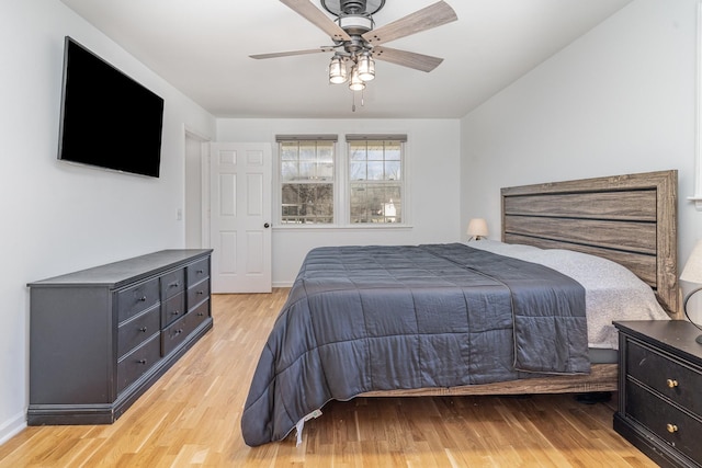 bedroom with ceiling fan and light wood finished floors