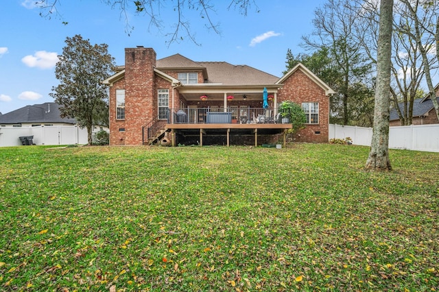 back of house featuring stairway, crawl space, a wooden deck, and brick siding