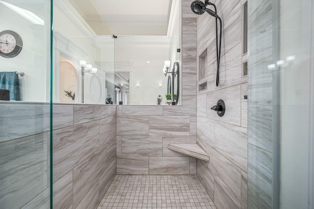 full bath featuring a shower stall and crown molding