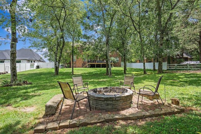 view of yard featuring an outdoor fire pit and a fenced backyard