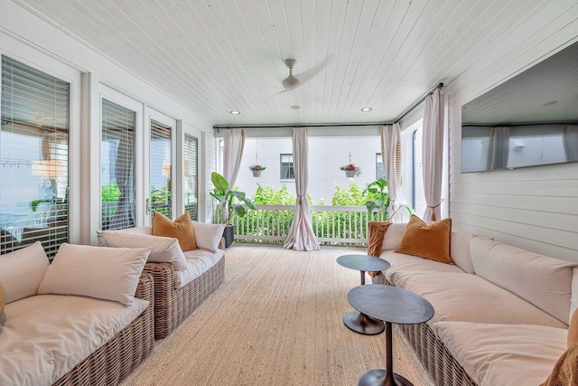 sunroom with wooden ceiling